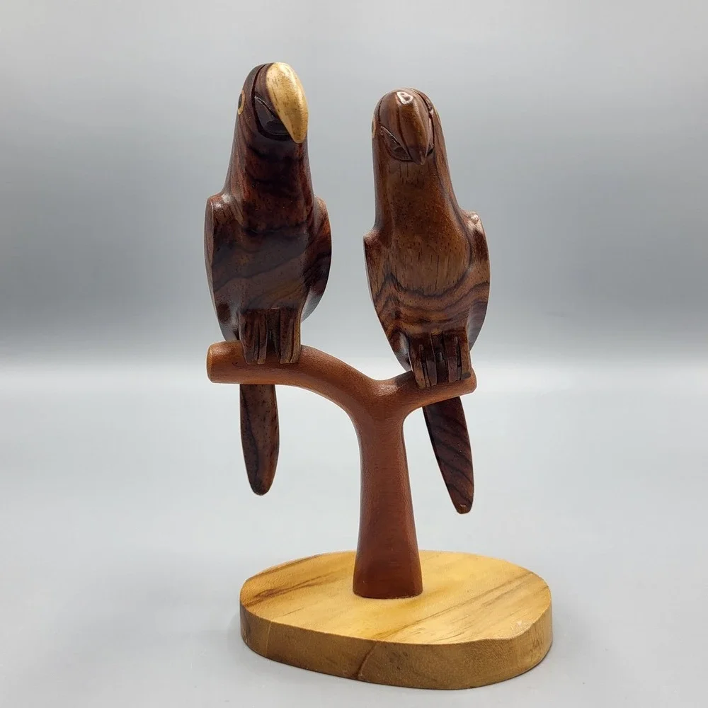 Hand Carved Wood Parrot Sculpture Figurine Pair on Branch Shelf Decor 6.25
